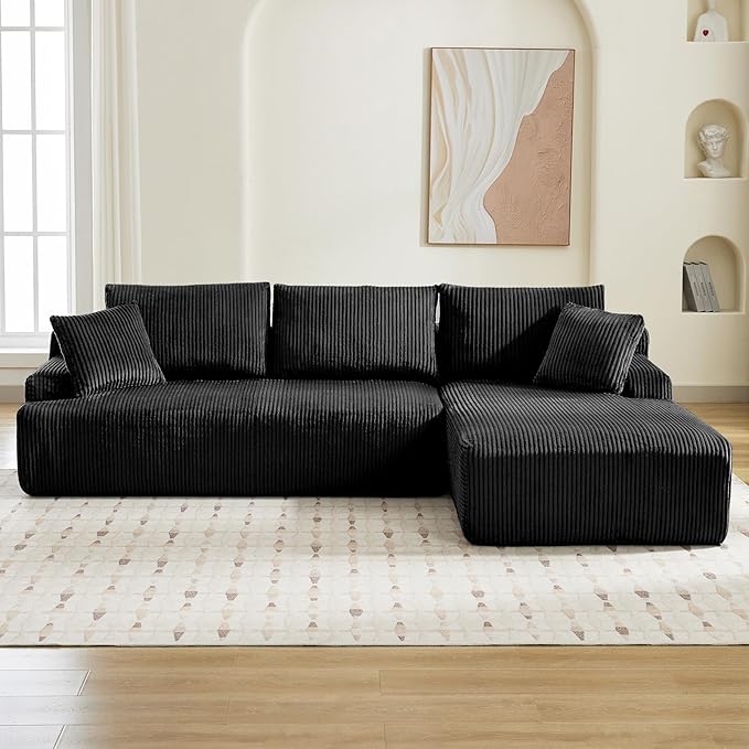 Sectional Cloud Couch for Living Room L Shaped Couch with 3 Seat Ind. Chaise Longue Corduroy Fabric Boneless Modular Modern Sofa with Pillows for Apartment and Small Space