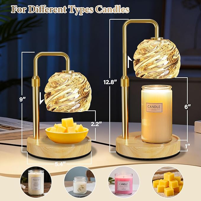 WarmEmbrace Candle Warmer Lamp with Timer for Jar Candles - Dimmable, Height and Brightness Adjustable Electric Wax Warmer Gold, 2 Bulbs Included, House Warming Gift & Vintage Home Decor
