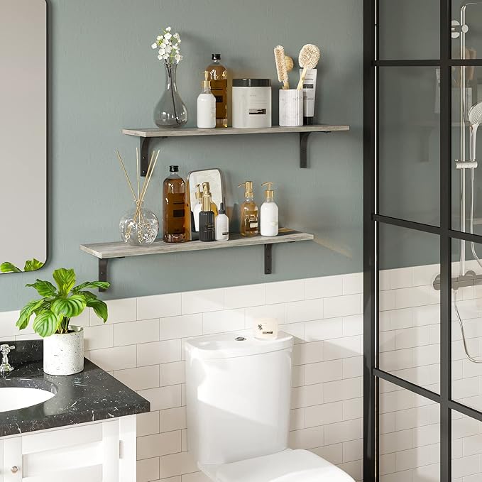 DINZI LVJ Long Wall Shelves, 23.6 Inch Wall Mounted Shelves Set of 2, Easy-to-Install, Wall Storage Ledges with Sturdy Metal Brackets for Living Room, Bathroom, Bedroom, Kitchen, Gray Wash