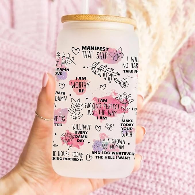 Positive Daily Affirmations Gift 16Oz Can Glass Cups, Inspirational Mental Health Gifts for Women Friends, Sobriety Motivational Gifts for Female Coworker, Birthday Gifts for Women Friendship