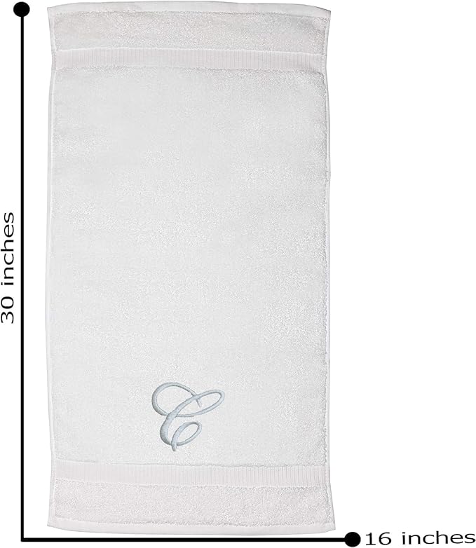 White Monogrammed Hand Towels for Bathroom - Luxury Hotel Quality Personalized Initial Embroidered Towel for Powder Room, Spa - GOTS Organic Certified - Set of 2 Silver Letter C