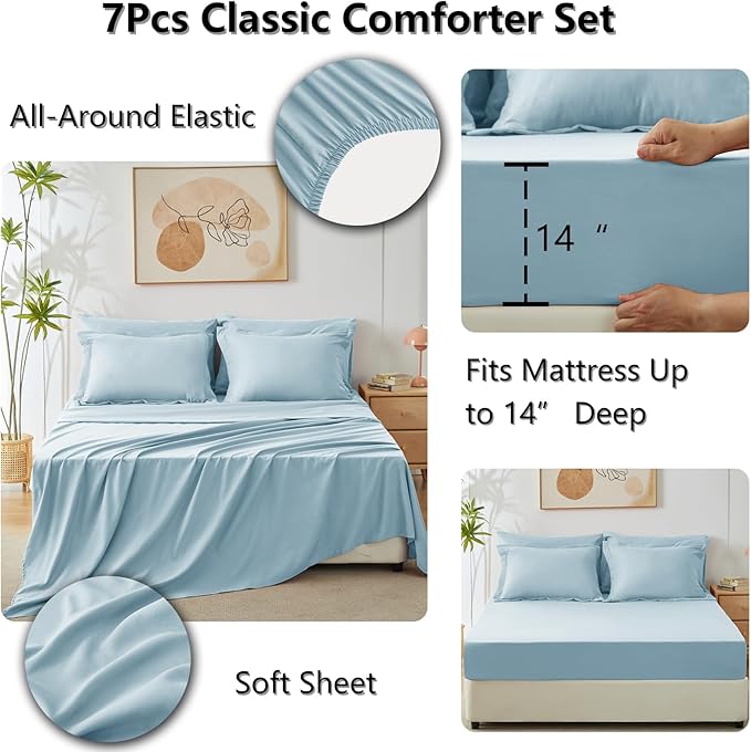 CozyLux King Size Comforter Set Light Blue - 7 Pieces Bed in a Bag King, Luxury Soft Bed Set for All Seasons, Bedding Set with Down Alternative Comforter, Sheets, Pillowcases & Shams