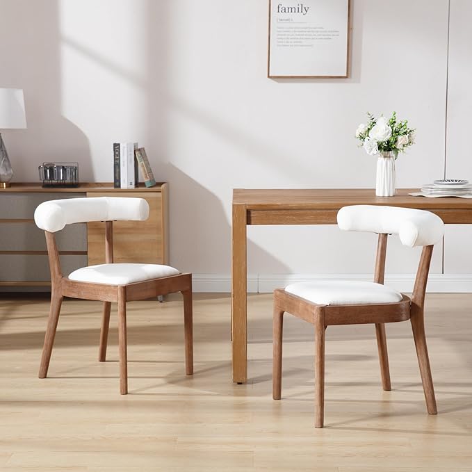 Kmax Dining Room Chairs Mid-Century Modern Fabric Kitchen Chairs with Natural Walnut Finished Frame, Linen Curved Back, Set of 6, White