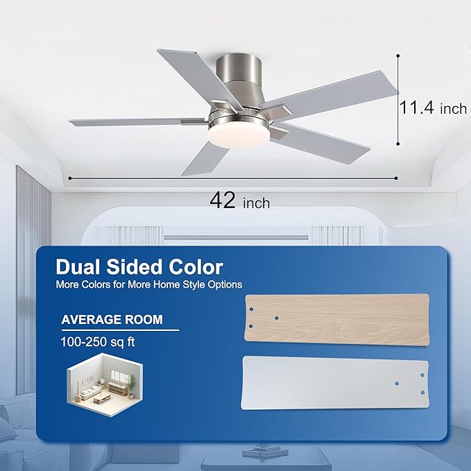 Rayqueen 42 Inch Ceiling Fans with Lights and Remote,Flush Mount Brushed Nickel Ceiling Fan,6 Speed Reversible DC Motor,3CCT Dimmable LED-Low Profile Design for Bedroom, Living room & Covered Outdoor