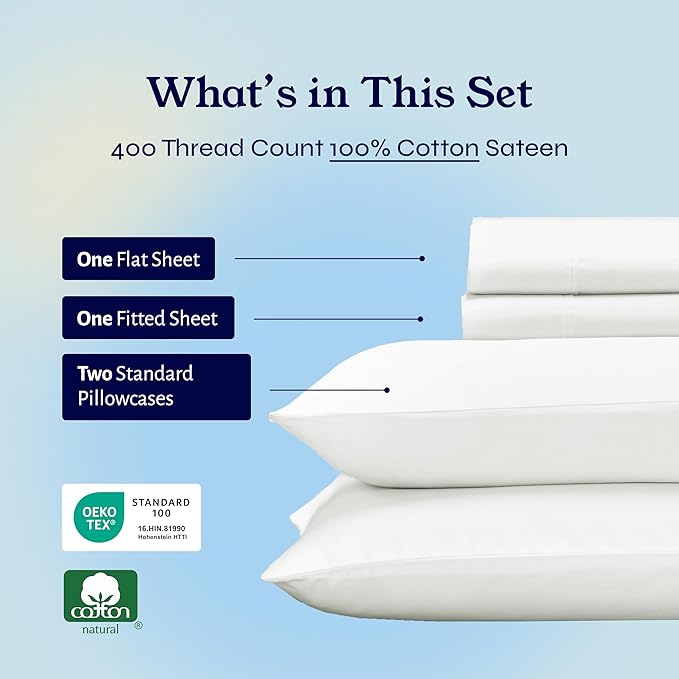 California Design Den Natural 100% Cotton Sheets, Full Size Sheets Set, 400 Thread Count Sateen, Deep Pockets with All-Around Elastic for a Snug Fit, Cool & Durable Bedding Set - Ivory (Pale Tone)