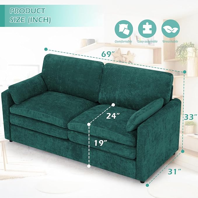 3 Pieces Chenille Sofa Set w/Arm Pillows, Upholstered 2 Pieces Loveseat & 3 Seater Sofa w/Comfortable Back Cushions, Modern 2-Seat & 3-Seat w/High-Density Foam for Living Room, Teal