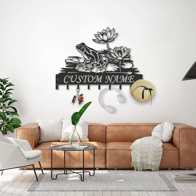 Custom Frog Key Holder for Wall Entryway, Personalized Metal Name Sign with Hooks Coat Rack & Dog Leash Holder, Decorative Wall Hanger Organizer (Style-2)