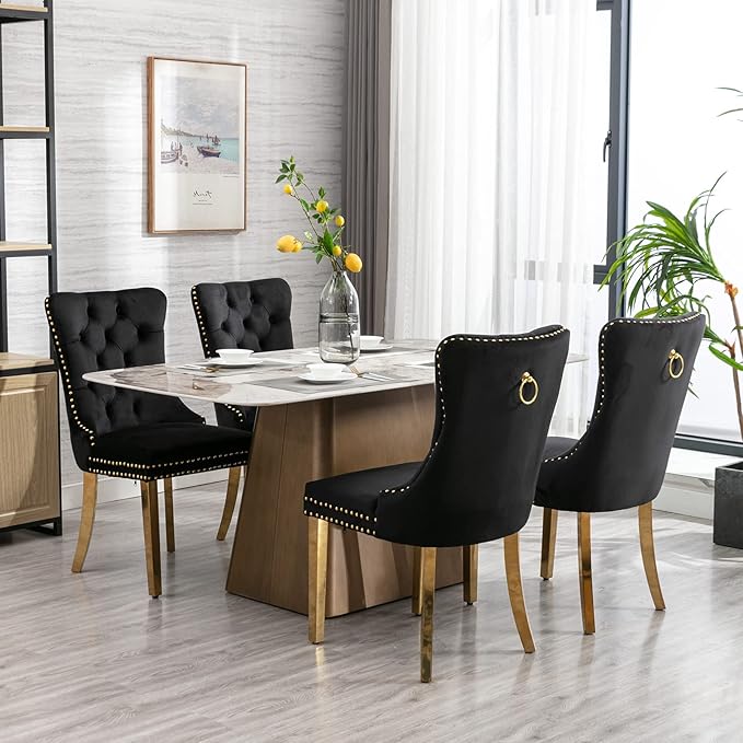 Luxury Upholstered Dining Chairs Set of 2, Black Kitchen Chair with Golden Metal Legs, Velvet Tufted Back Dining Chair, Sillas de Comedor, Modern Kitchen & Dining Room Chairs (Black, 2 Pcs)