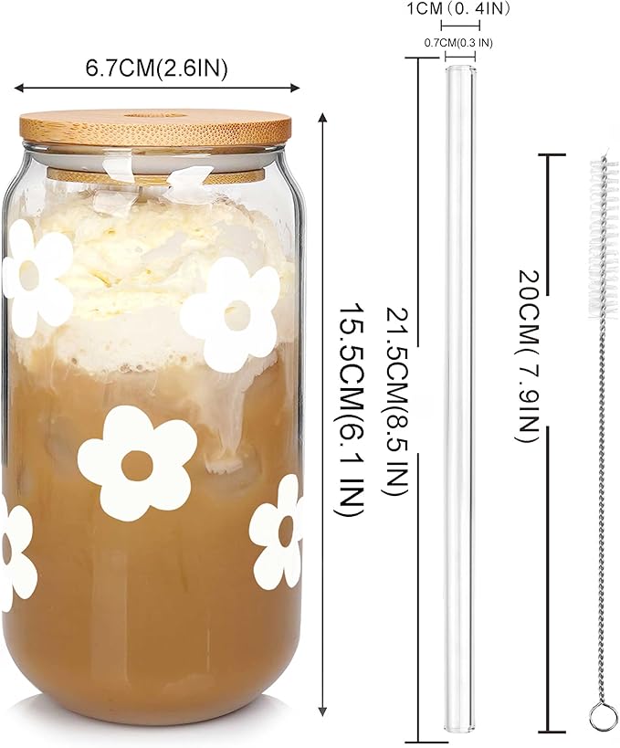 Mason Life Glass Cups with Lids and Straws, 20OZ Can Shaped Glass Cups, Drinking Glasses, Iced Coffee Glasses Cup, Reusable Smoothie Iced Coffee Drinking Cup - Set of 6