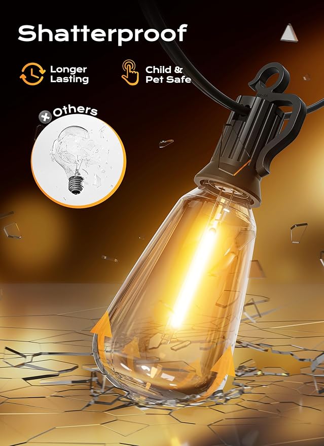 Brightown Outdoor String Lights, 200FT 100+2 LED ST38 LED Patio Lights Shatterproof, Dimmable IP65 Waterproof Connectable Hanging Outdoor Light for Backyard, Porch, Deck, Balcony