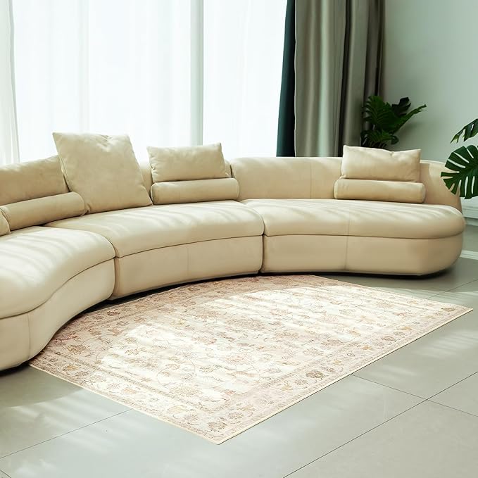 8x10 Soft Washable Area Rugs for Living Room and Bedroom, Non-Slip Stain Resistant Indoor Carpet, Cozy Floor Mat for Dining Room, Office, Under TableStain Resistant Persian Beige Floral