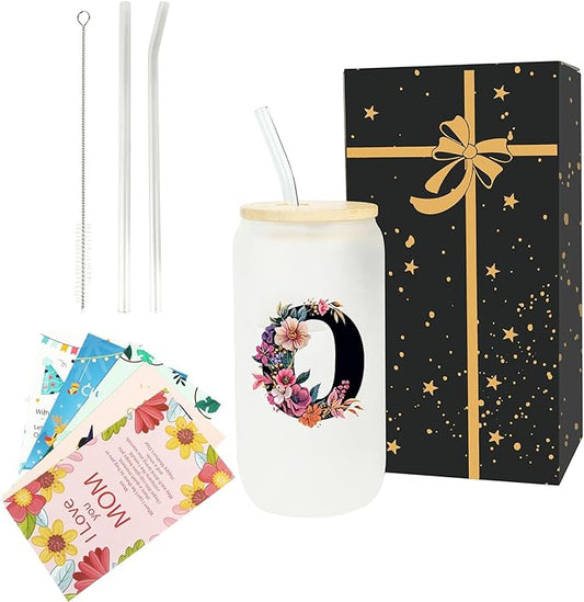 Monogrammed Glass Drinking Cup With Lid Straw Personalized Customized Post Cards Women Wife Gifts Anniversary Her 9 11 12 13 15 16 17 18 19 22 39 44 Christmas Xmas Valentines Birthday Groom Gifts,O