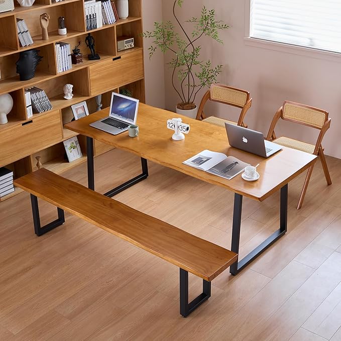 Solid Wood Administrative Computer Desk - Rustic Style Large Office Desk, Modern Minimalist Workstation for Home, Ideal for Learning, Writing, and Professional Use (Dark Yellow, 70.87in)