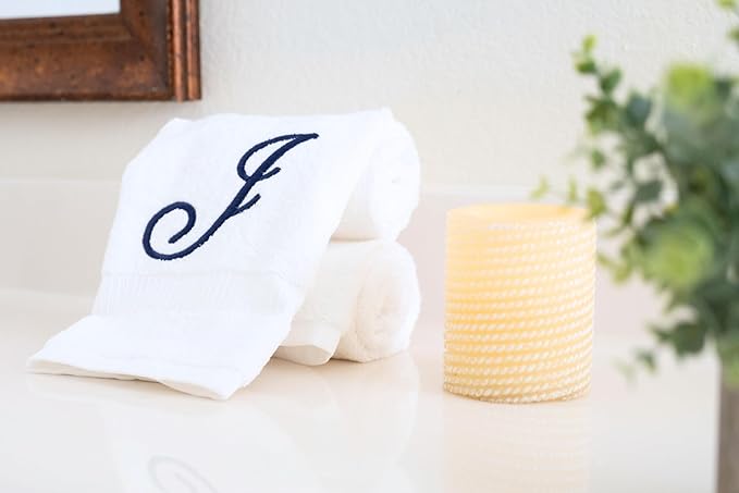 White Monogrammed Hand Towels for Bathroom - Luxury Hotel Quality Personalized Initial Embroidered Towel for Powder Room, Spa - GOTS Organic Certified - Set of 2 Navy Letter J