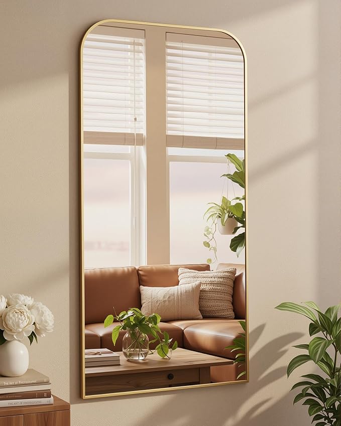 Antok Full Length Mirror, 71"x32" Floor Mirror Freestanding, Arched Floor Standing Large Mirror Full Body Mirrors with Stand for Bedroom, Hanging Mounted Mirrors for Living Room, Gold
