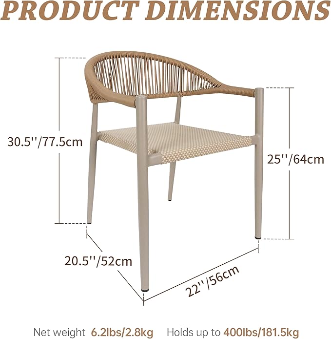 French Bistro Chair Set of 4, Outdoor Hand-Woven Wicker Patio Dining Chair with Aluminum Frame, Stackable Outdoor Chair for Garden Yard Poolside