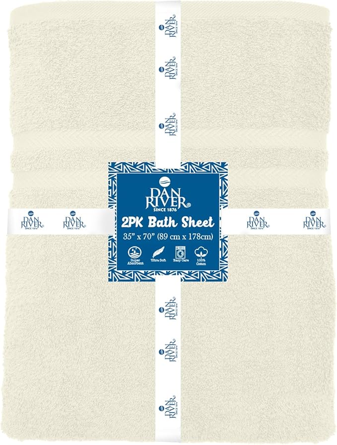 DAN RIVER 2 Pack Luxury Bath Sheets 35x70, 600 GSM, Soft & Quick Dry 100% Ring Spun Cotton Towels Ideal for Hotels, Spas, Gyms & Salons Extra Large, Ivory