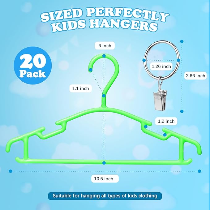 Baby Hangers with Metal Ring Clips, Children Plastic Hanger for Kids Pants Clothes Closet, 20 Pack, Green