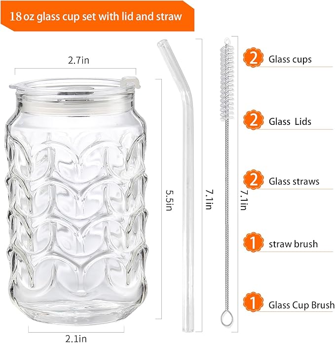 Jiuchen Glass Cups with Lids & Glass Straws 2PCS Set 18oz - Borosilicate Heat Shatter-Resistant Tumblers for Iced Coffee, Cold Brew, Bubble Tea, Smoothies & Juice, Includes Dual Cleaning Brushes