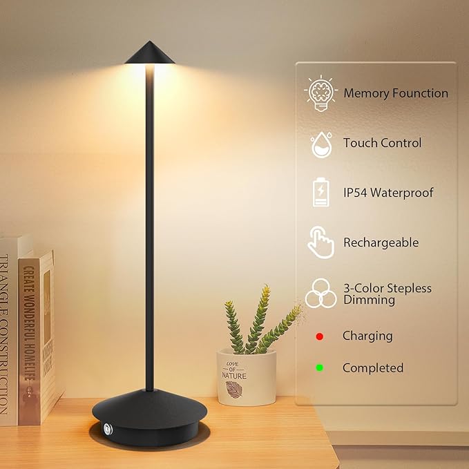 2-Pack 6000mAh Rechargeable Led Table Lamp Cordless,3000K-6000K Stepless Dimming Touch Lamps with Memory Function,IP54 Waterproof Aluminum Table Light for Outdoor/Bars/Restaurant/Patio(Black)