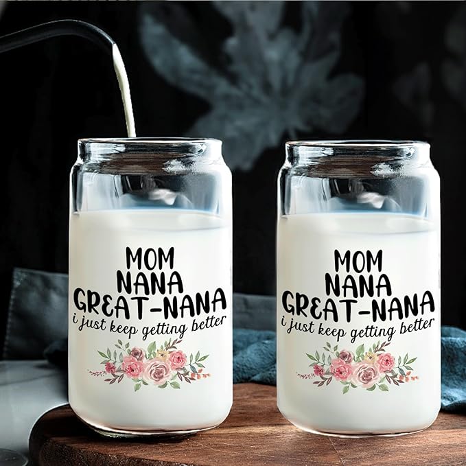 Christmas Grandmother Gifts For Mom Nana Great Nana Glass Coffee Cup With Lid And Straws 14oz - christmas Glass Cup gifts For Grandma