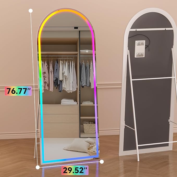 Hasipu 76.7" x 29.5" Arch LED RGB Bluetooth Full Length Mirror with Stand ＆ 7 Color Lighting Modes, Full Body Mirror with White Frame for Bedroom, Living Room, Dressing Room