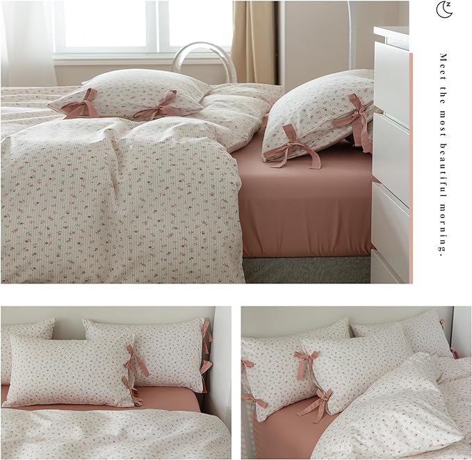 Rose Flower Duvet Cover King Garden Style Vintage Floral Bedding Set Chic Botanical Flower Comforter Cover with 2 Bow Ties Pillowcases 100% Cotton Pink Stripes Comforter Cover Cottagecore Bedding Set