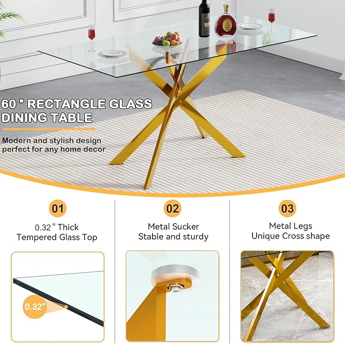 Modern Glass Dining Table Set for 6, Gold Glass Kitchen Table and Chairs Set of 6, 7 Piece Dining Room Table Set with 61" Rectangular Metal Glass Dinner Table and 6 Black Leather Dining Chairs