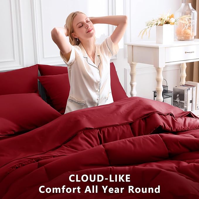 CozyLux Queen Comforter Set Dark Red, 7 Pieces Bed in a Bag, Red Comforter Queen Size, All Season Bedding Sets with Stitch Quilted Comforter, Flat Sheet, Fitted Sheet, Pillowcases