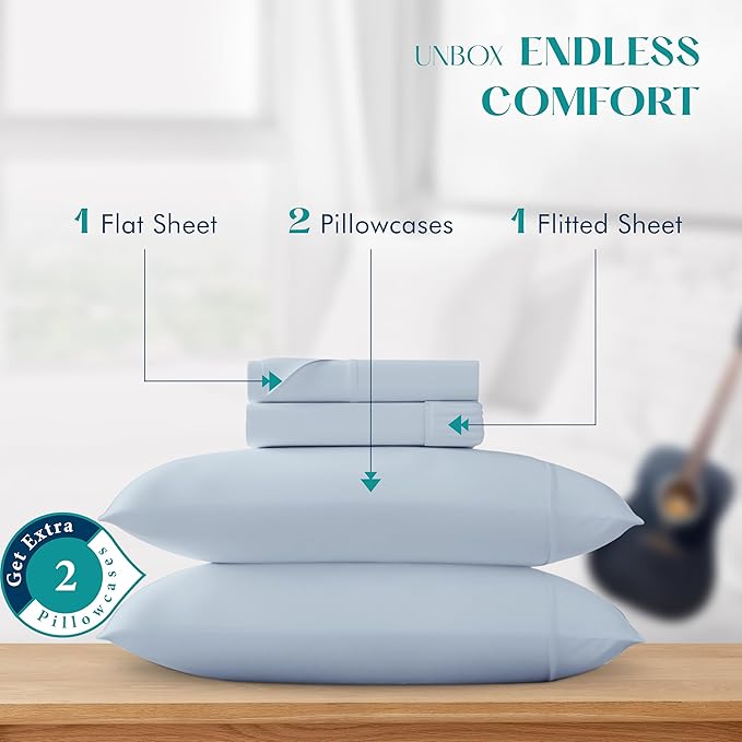 XOOX Linen 100% Egyptian Cotton Sheets King Size - 1200 Thread Count King Size Sheets Set Egyptian Cotton, 4 PC Luxury Bedsheet (Light Blue), Soft, Cooling, 17" Deep Pocket Sateen Weave Bedsheet Set