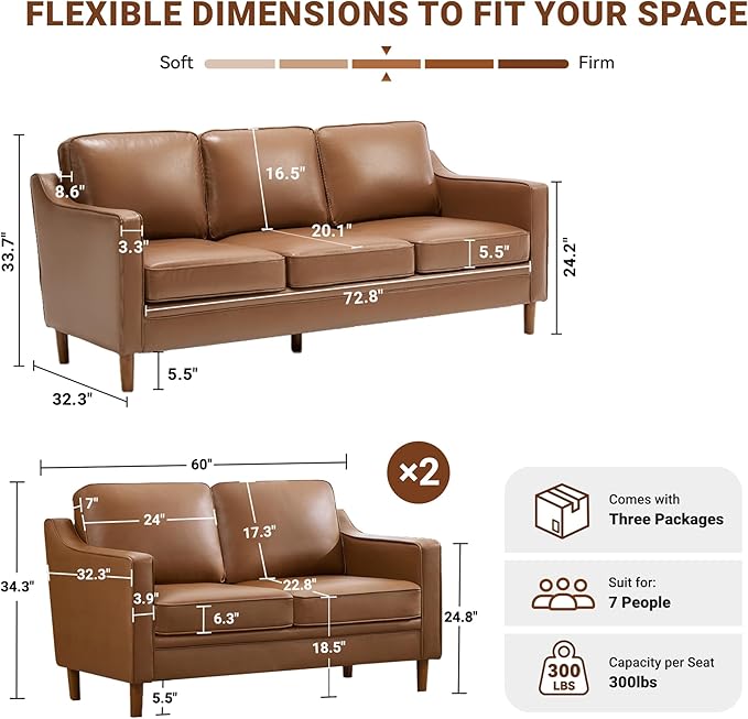 Kingfun Living Room Furniture Sets, Armchair and 2 Loveseat, Mid Century Modern Sofa Set, Faux Leather Couch with Solid Wood Frame for Living Room & Bedroom, Brown