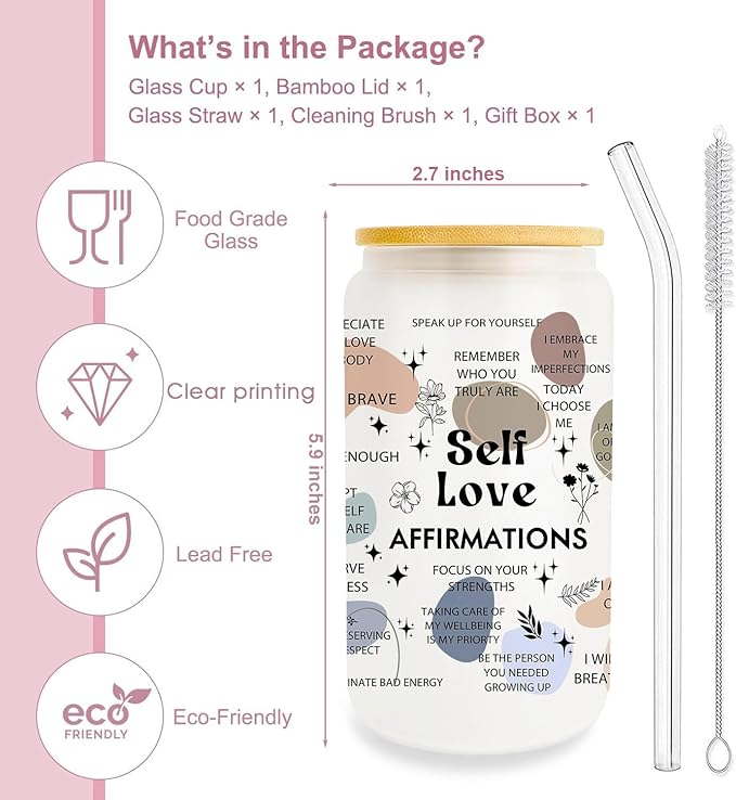 Encouragement Gifts for Women Friends, Inspirational Gifts, Self Love Gift Cup 16 Oz Can Glass Cup With Lid and Straw, Thoughtful Gifts for Women Friends, Positive Little Reminders