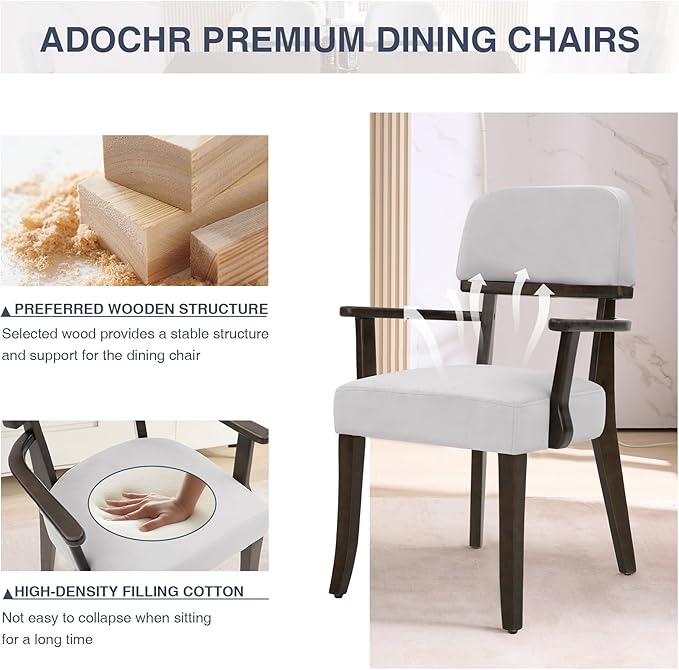 Modern Wood Dining Chairs with Arms Set of 2, Velvet Upholstered Kitchen Chairs with Open Curved Backrest & Black Hardwood Legs, Accent Chairs 350 LBS Capacity, Grey