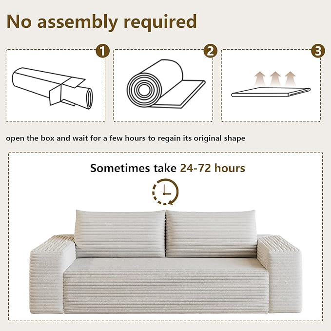71" Boneless Loveseat Sofa - Cloud Couch with Memory Foam, Comfy Deep Seat - Corduroy Floor Sofa, No Assembly Required - Small Space Friendly for Living Room, Bedroom, Apartment, White