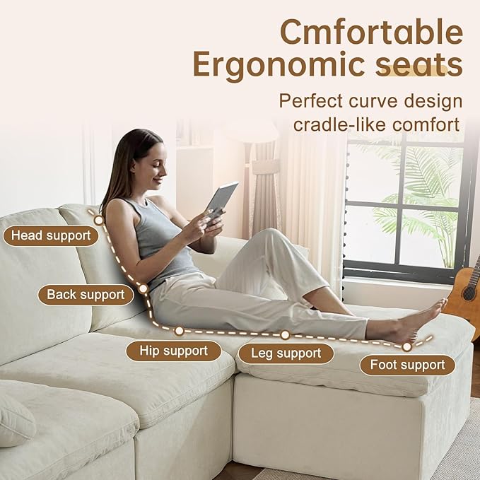 ANONER 108" Cloud Sectional Couches for Living Room, Comfy Fluffy Cloud Couch, L-Shaped Modular Sectional Sofa with Ottoman, White Beige