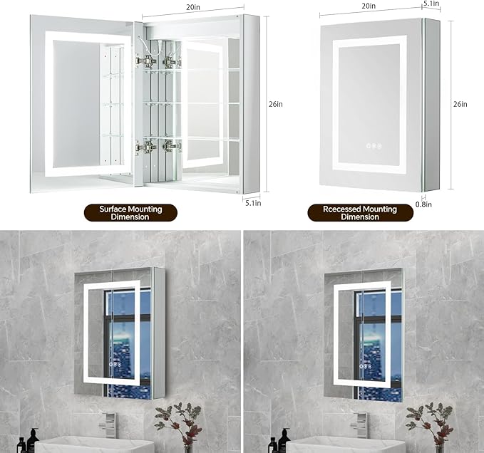 20x 26 LED Lighted Medicine Cabinet with Lights, Recessed or Surface Wall Mount Medicine Cabinet Mirror for Bathroom with Storage, Outlets & USB, Tempered Glass, 3-Color Dimming, Adjustable Shelf