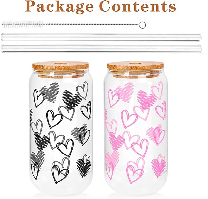 Mason Life Iced Coffee Cups, Valentines Cups Gifts for Her Women 18 OZ Hearts Cup Beer Glass, Love Can Couple Drinking Glasses, Glass Cups with Bamboo Lids and Straws, Valentines Day Gifts - 2 Sets
