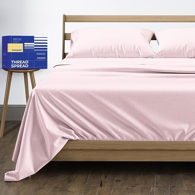 THREAD SPREAD 100% Pure Egyptian Cotton Sheets Queen Size - High Thread Count Sheets Queen Size, 4 PC Luxury Hotel Sheet for Queen Bed, 16" Deep Pocket Sateen Weave Cooling Bedding Sets - Blush