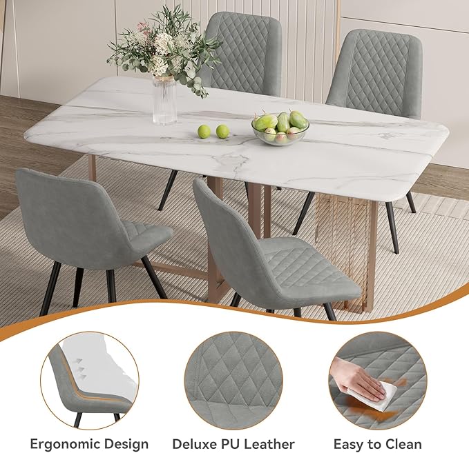 Modern Dining Chairs Set of 6, Top PU Leather Upholstered Dining Room Chairs with Metal Legs, Ergonomic Kitchen Chairs for Kitchen Dinning Room, Grey