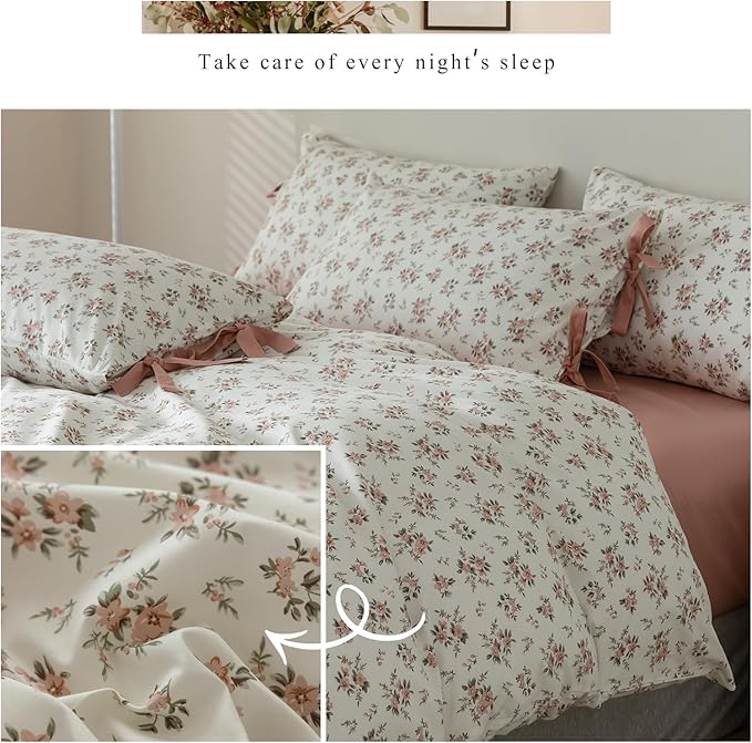 Girls Pink Flower Duvet Cover Set Twin XL Cute Floral Cottagecore Bedding Set Soft Cotton Aesthetic Botanical Duvet Cover Vintage Country Style Peach Floral Comforter Cover with Zipper Closure Twin XL