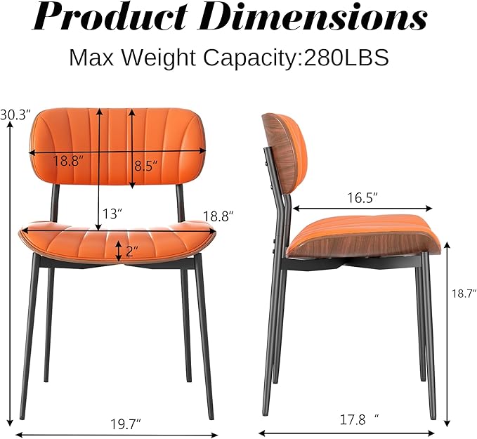 Modern PU Leather Dining Room Chairs Set of 4, Upholstered Kitchen Chairs with Walnut Bentwood Back and Metal Legs Adjustable Feet for Kitchen Dining Room(Orange)