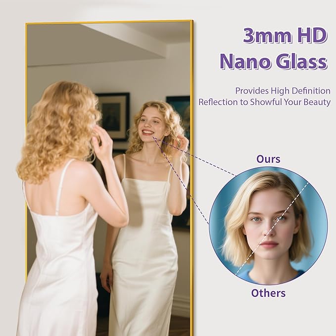 Full Length Mirror, 71"x26" Oversized Floor Mirror Freestanding, Full Body Mirror Floor Standing Mirrors with Stand, Hanging Mounted Mirrors for Bedroom Living Room, Gold, Rect Style