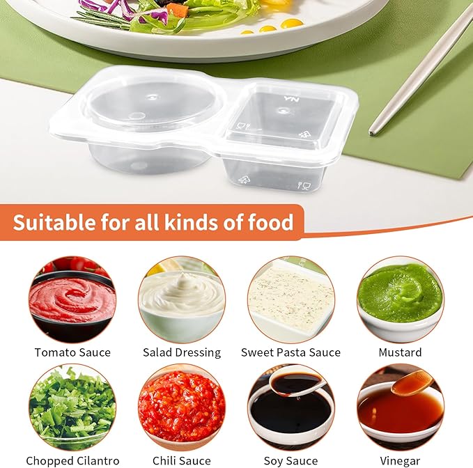 20 Pcs Double Compartment Condiment Container, Reusable Snack Containers, Condiment Containers with Lids, Sauce Containers for Snacks, Dips, Takeout, Travel and Outdoor Camping