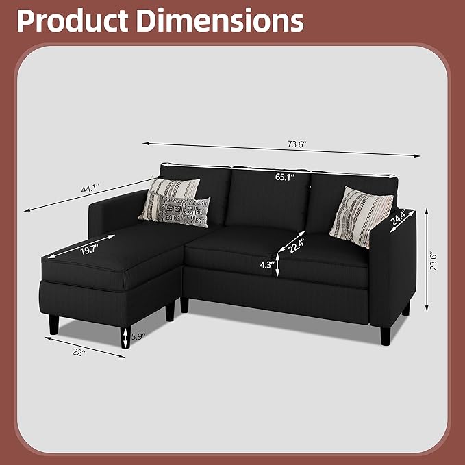 JAMFLY Sectional Sofa Couch Convertible L Shaped Sofas with Ottoman Small Sectional Couches for Living Room, 3 Seater Couch for Small Spaces, Black