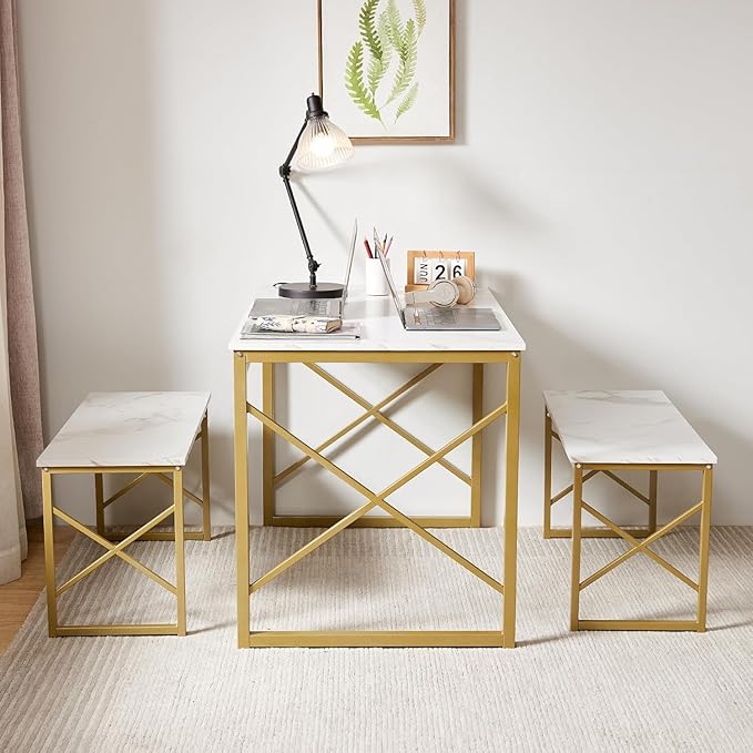 VECELO Kitchen Dining Table Benches Set for 4, 43.3" Wooden Dinette with 2 Benches, Heavy-Duty Dining Room Table for Small Space, Breakfast Nook, Gold