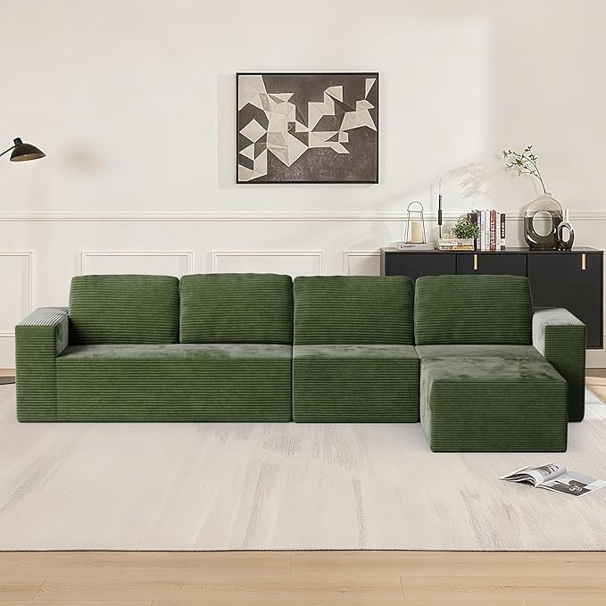 67" Loveseat Sofa, Cloud Modular Couch, Upholstered Floor Sofa with Deep Seat, Upholstered Foam Sofa for Bedroom Living Room, No Assembly Required (Green, Plush Corduroy Fabric)