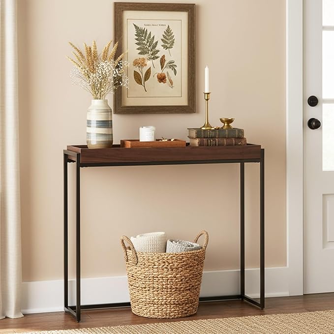 Narrow Console Table Solid Wood, Slim Entryway Table with Storage Groove, Farmhouse Small Sofa Table Behind Couch for Hallway, Living Room, Foyer(Brown 9.8" W,27.5" Lx31.5 H)
