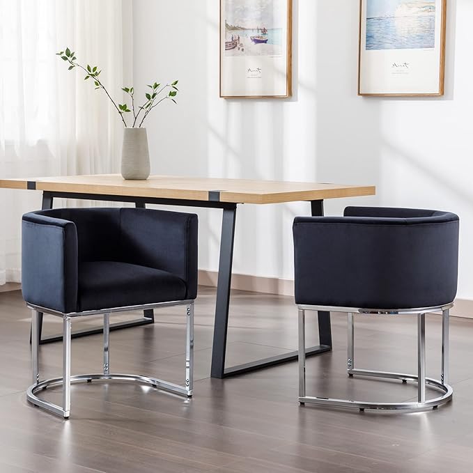 Velvet Dining Chairs Set of 4 Modern Barrel Arm Chairs with Chrome Metal Frame, Upholstered Kitchen Chairs 18.5" Wide Accent Chairs for Living Room Dining Room Restaurant, Black