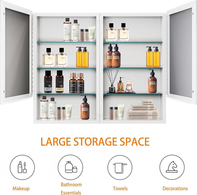 Medicine Cabinet with Mirror, 32x26 Inch Bathroom Mirrored Cabinet with Double Doors, Extra Storage Space, Bevel Mirror Wall Cabinet, Recessed or Surface Mount