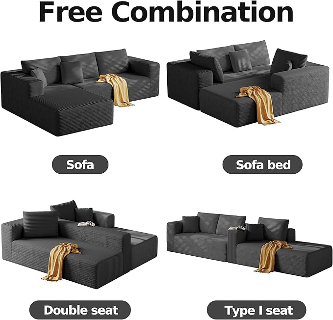 108'' Modular Sectional L-Shaped with Chair,Deep Seat Boneless Corner Couch for Living Room,Plush Corduroy Couch with Detachable Sofa Set,No Assembly(Left Facing Chaise，Gray)